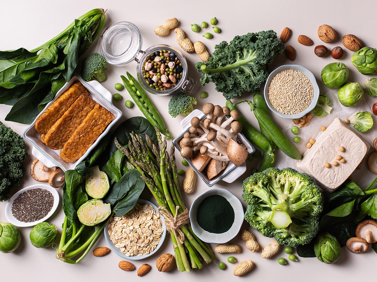 plant-based protein sources, including tofu, nuts, and veggies