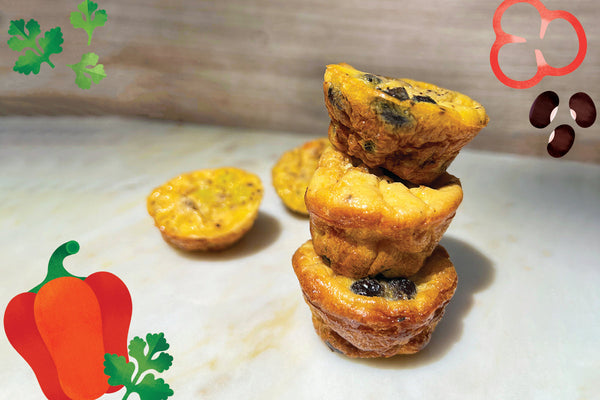 stack of frittata bites surrounded by illustrations of red bell peppers, black beans, and cilantro