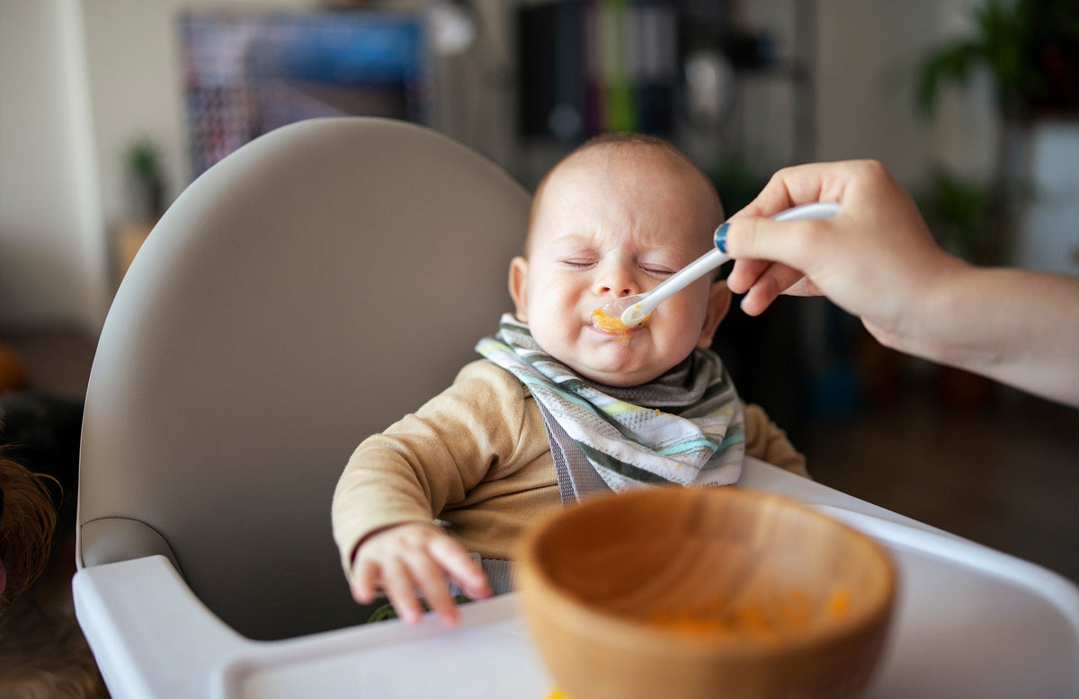 baby looking disgusted while being spoon-fed baby food