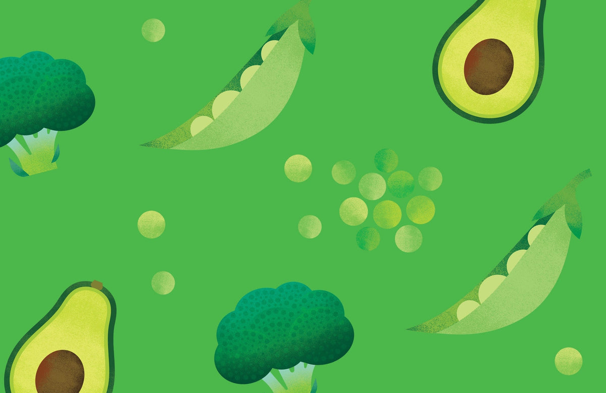 illustrations of broccoli, peas, and avocado on a green background