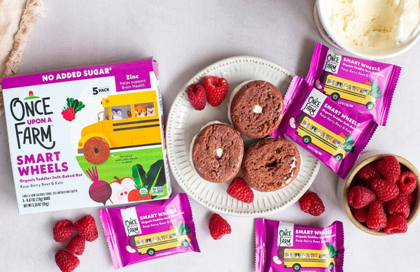 ice cream sandwiches made with Once Upon a Farm Smart Wheels bars on a plate