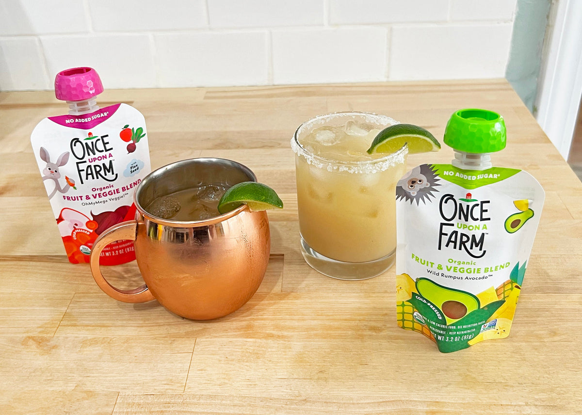 two cocktails made with once upon a farm fruit & veggie blends