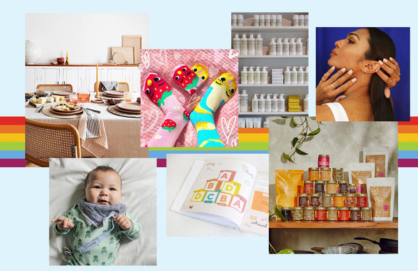 collage of images from LGBTQIA+ owned brands, including Pals Socks, Diaspora Co., and Malin and Goetz