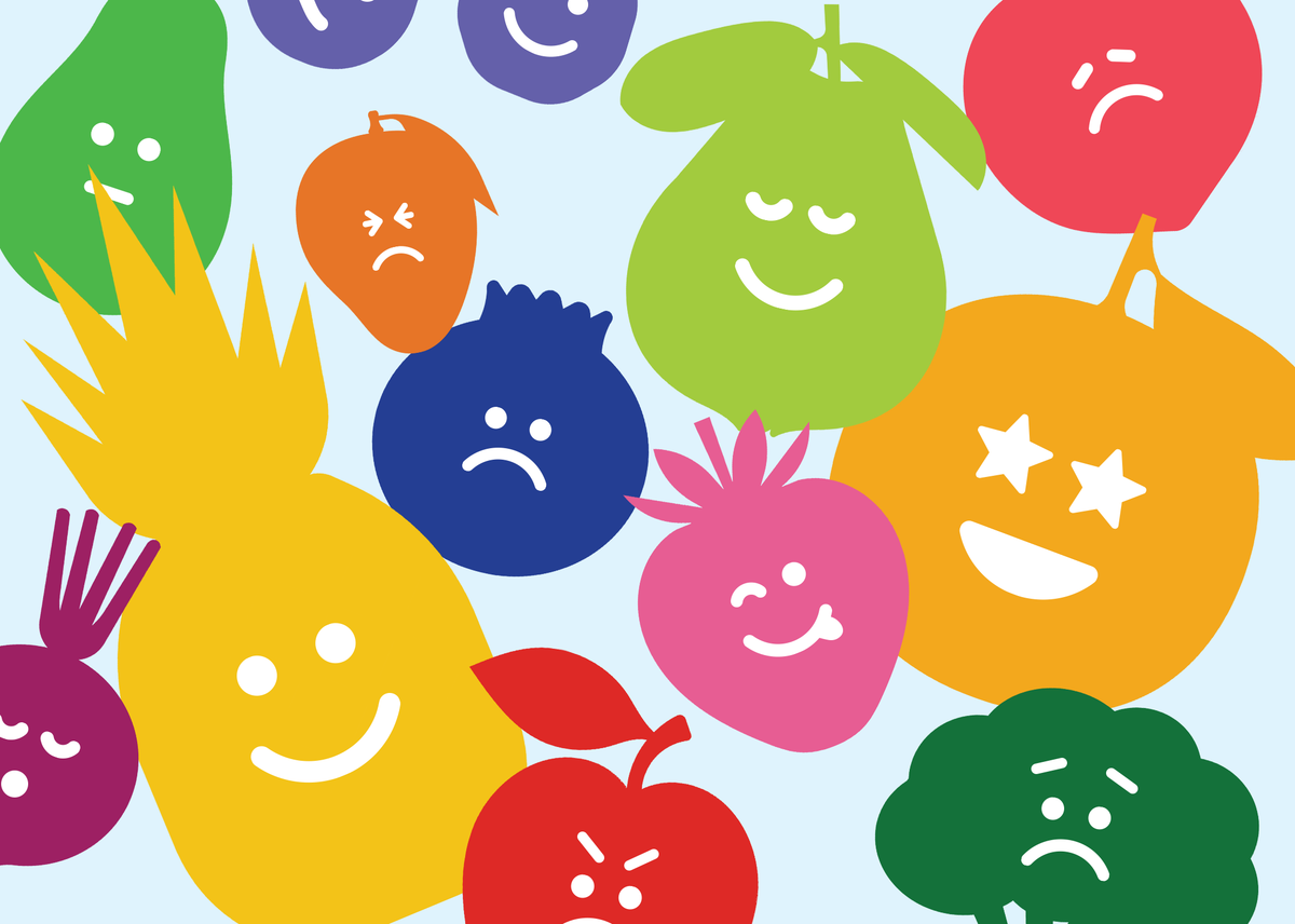 assortment of simple illustrated fruits and veggies with facial expressions on them