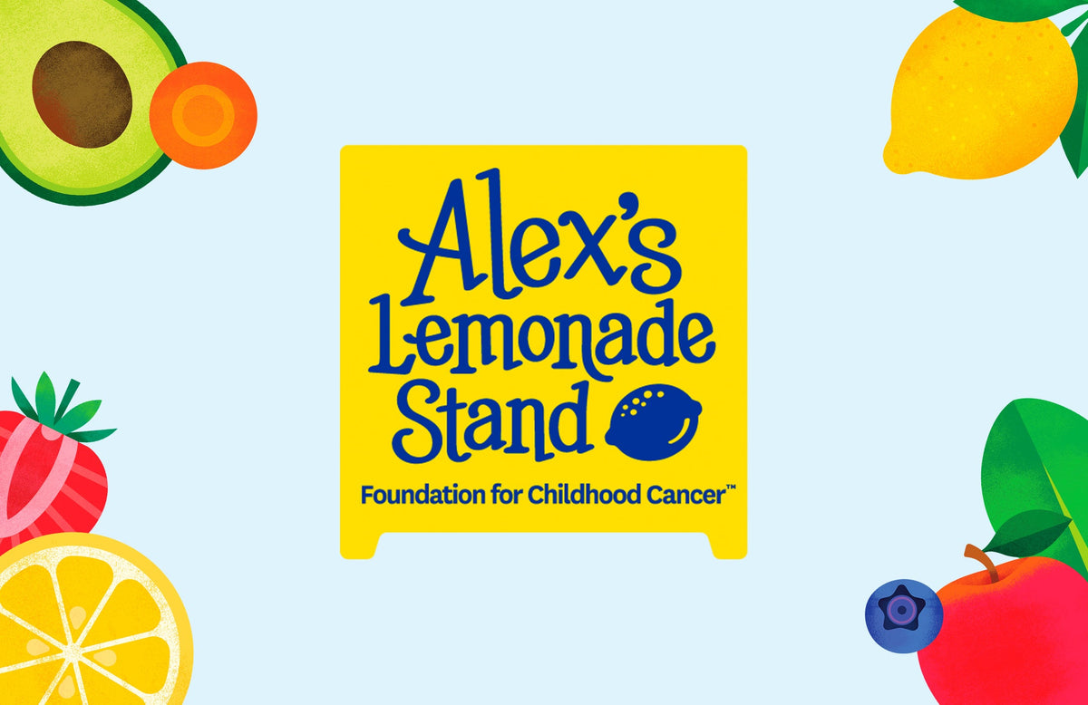 Light blue background with fruit and veggie illustrations. In the center is the logo for Alex's Lemonade Stand Foundation for Childhood Cancer