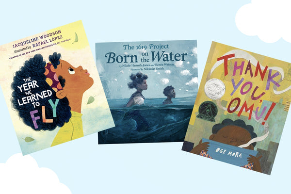 Blue background featuring three book covers of children's books by black authors