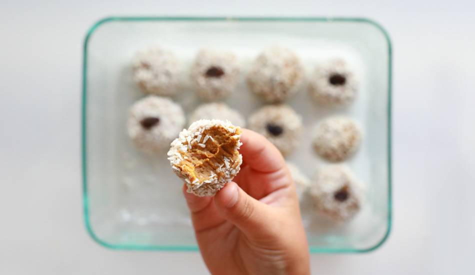 No-Bake Carrot Cake Energy Bites using Once Upon a Farm fruit & veggie blends. 