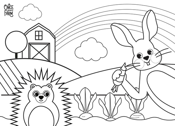 Easter-themed coloring sheet with a bunny and hedgehog on a farm