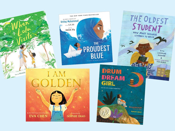 covers of five female-authored children's books on a light blue background