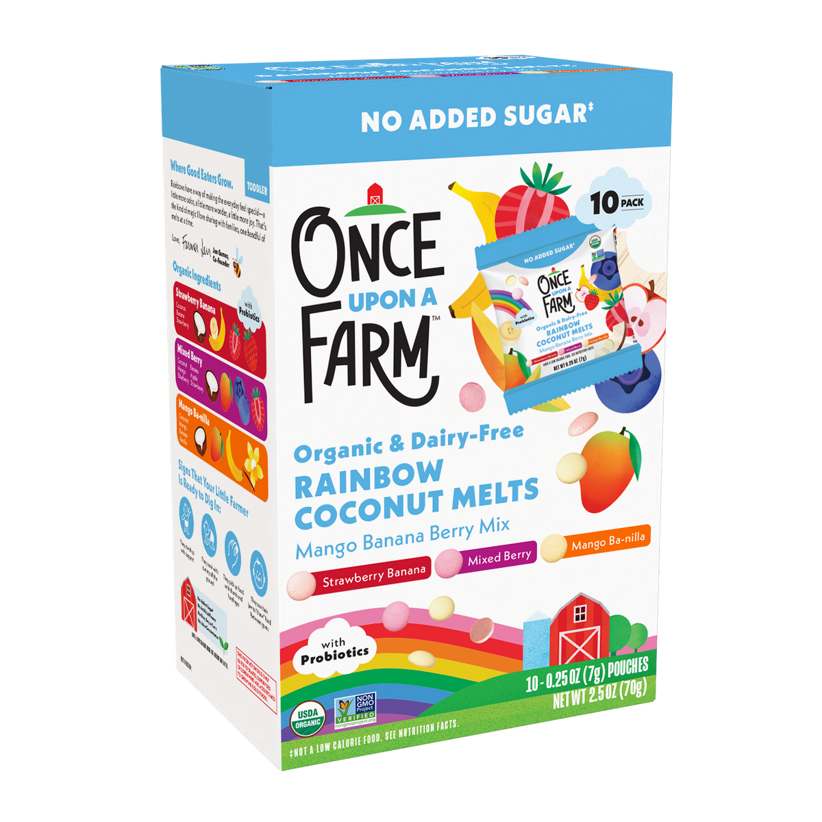 A 10-pack box of Once Upon a Farm Organic & Dairy-Free Rainbow Coconut Melts in Mango Banana Berry Mix, featuring a colorful front label with illustrations of fruits, a barn, and a smiling character on a white background.