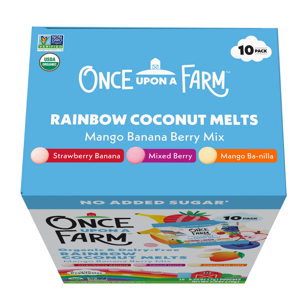 A 10-pack box of Once Upon A Farm Rainbow Coconut Melts in Mango Banana Berry Mix, featuring a bright blue top panel with product details and flavor icons.