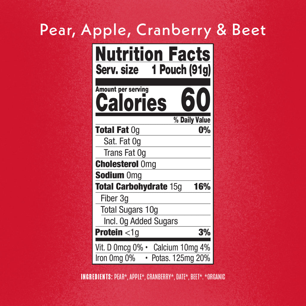 Pear, Apple, Cranberry & Beet Nutrition Facts Panel.