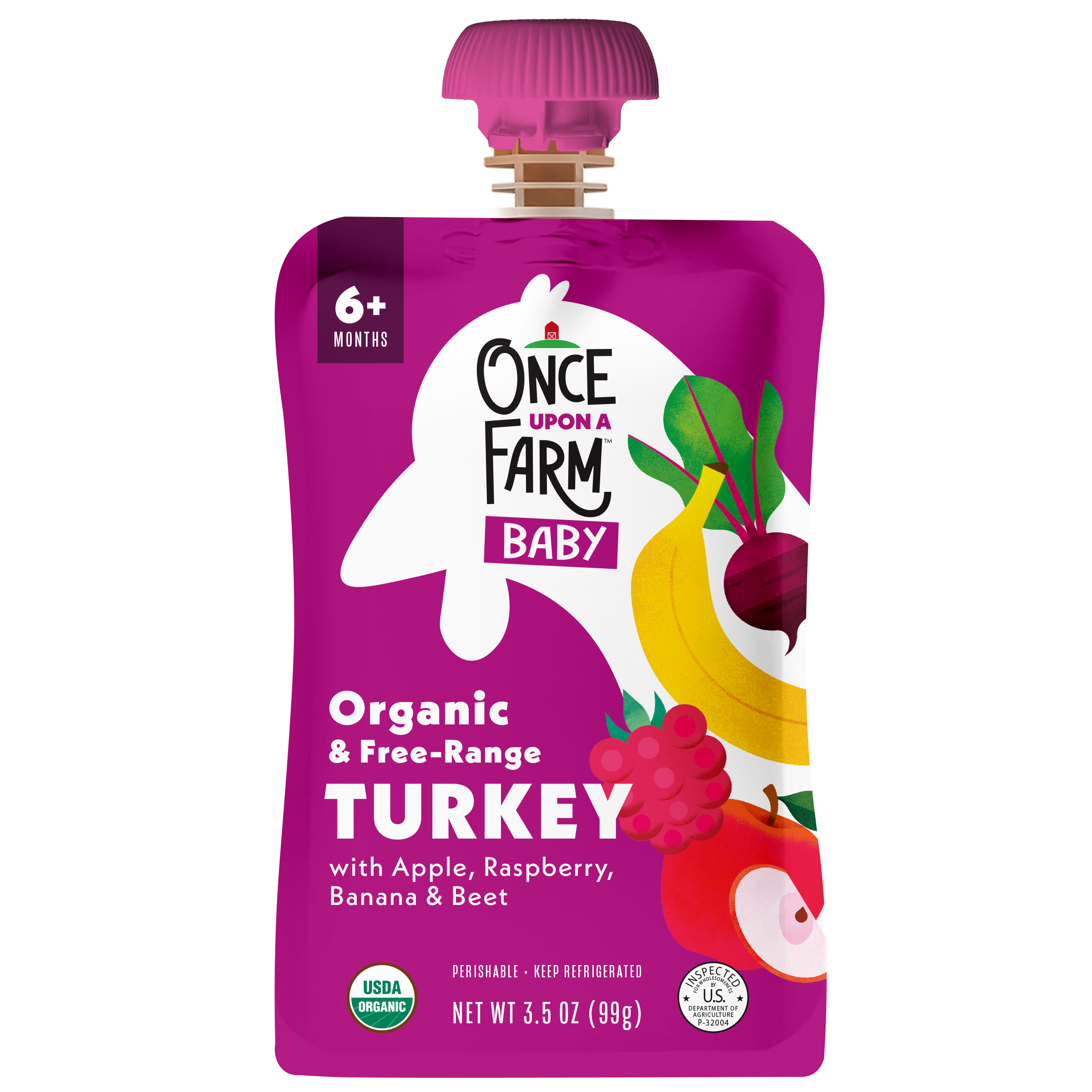 Once Upon a Farm Apple, Turkey, Raspberry, Banana Organic Baby Food Pouch, 3.5oz. Front of Pouch. 
