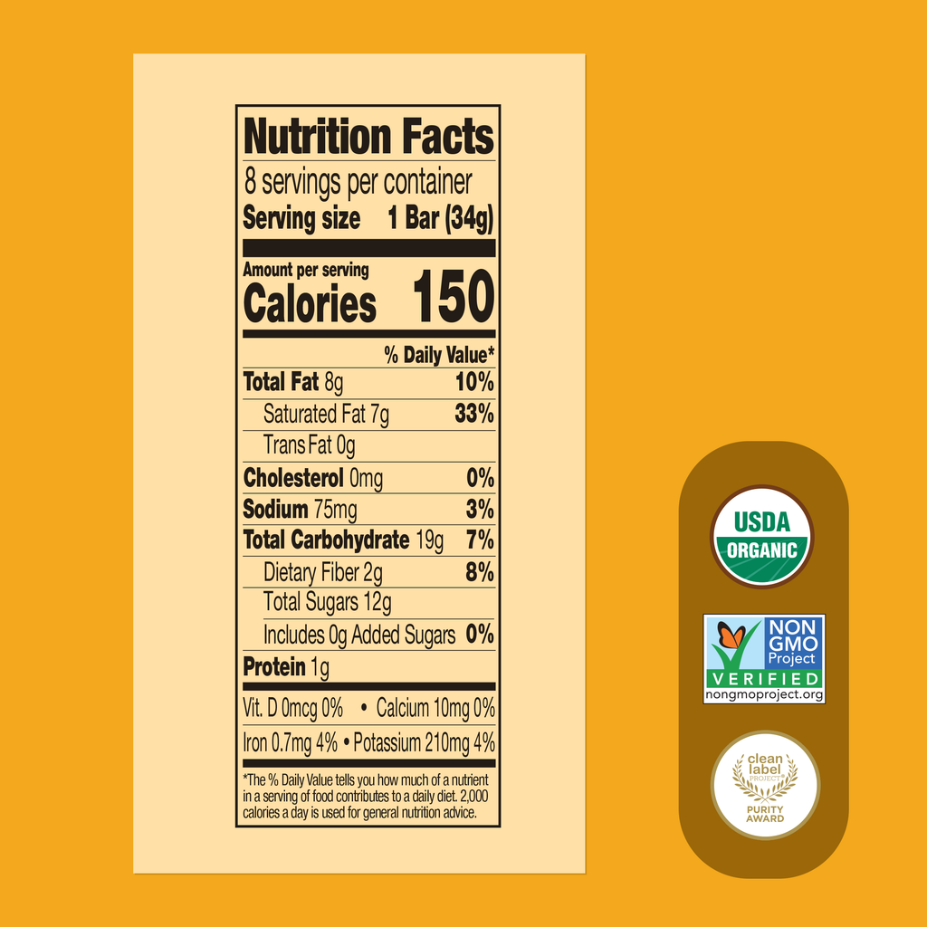 Nutrition facts label on a yellow background with organic and non-GMO project logos.