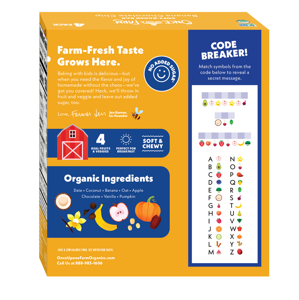 Box of organic snacks with educational elements and a code breaker feature.