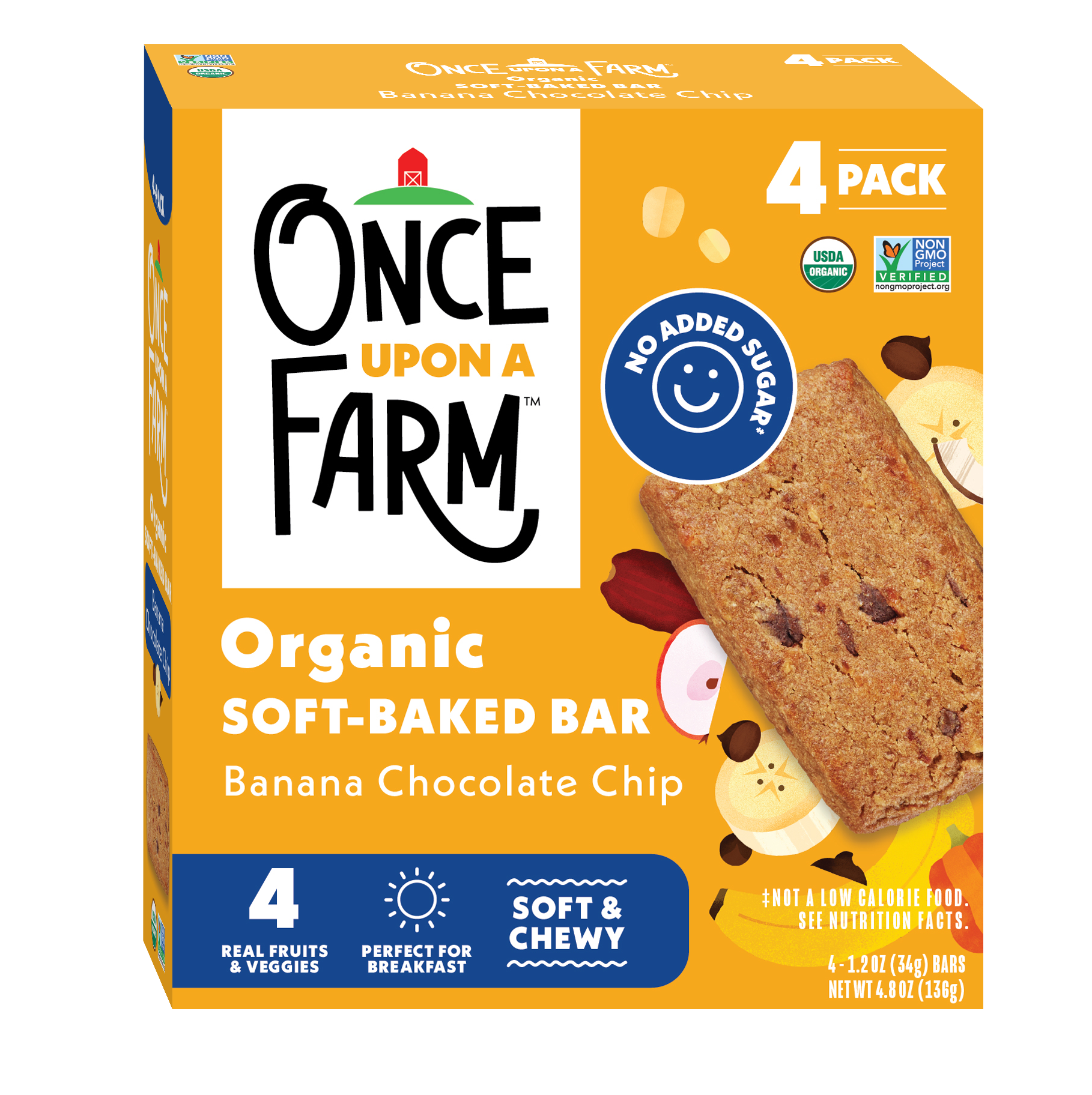 Box of Once Upon a Farm organic Banana Chocolate Chip Soft Baked Bar, on a white background