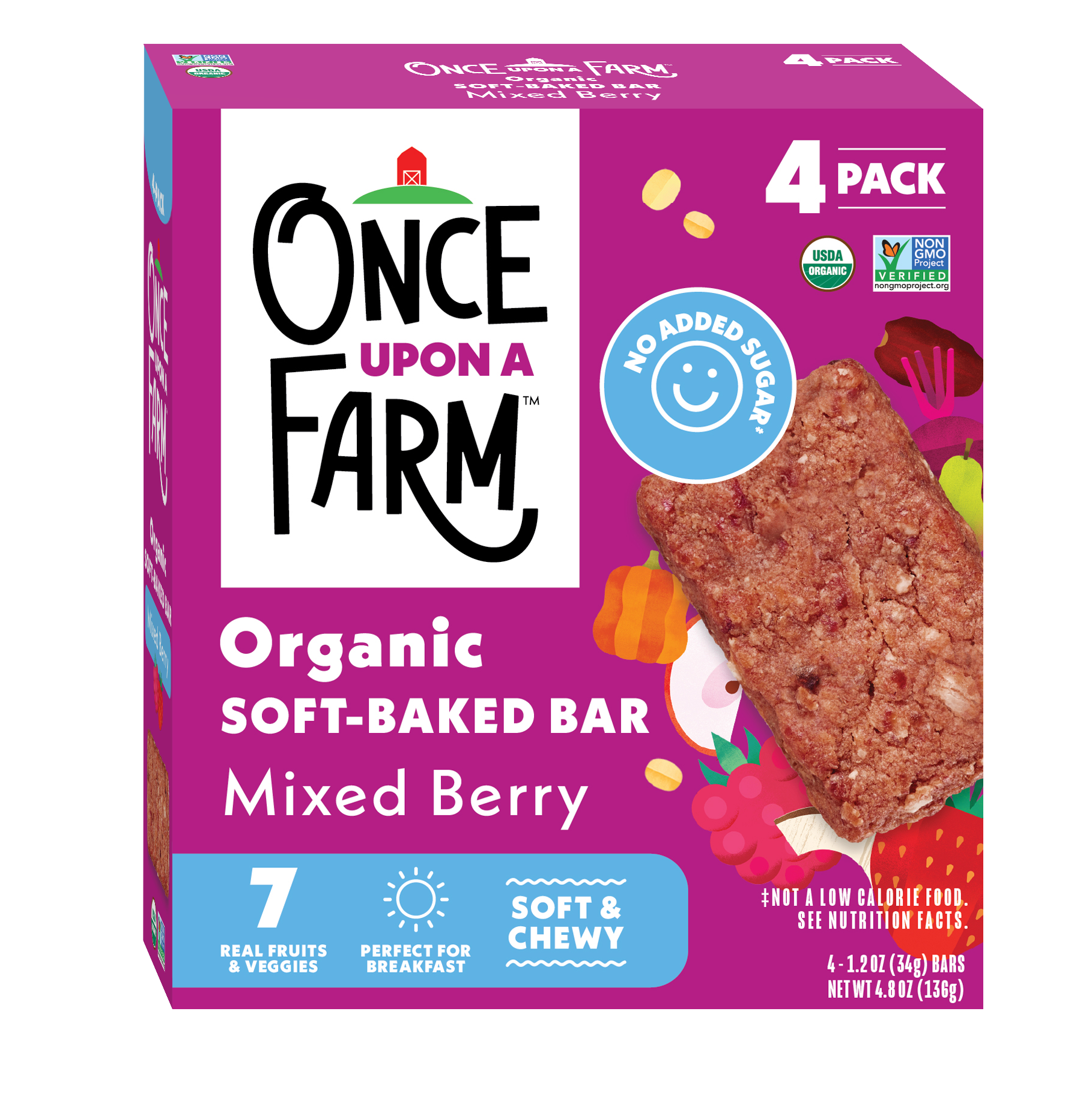 Box of Once Upon a Farm Organic Soft-Baked Bars Mixed Berry flavor on a white background