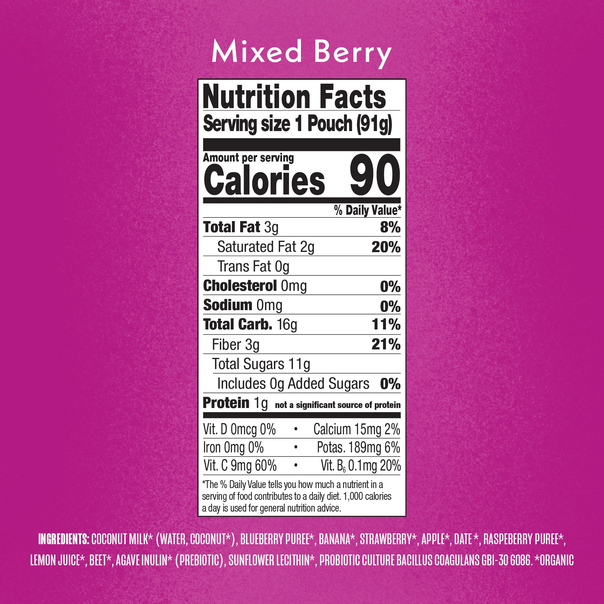 Mixed Berry: Coconut Milk, Blueberry, Banana, Strawberry, Apple, Date, Raspberry, Beet. USDA Organic, Non GMO Project Verified, Clean Label Project Purity Award logos