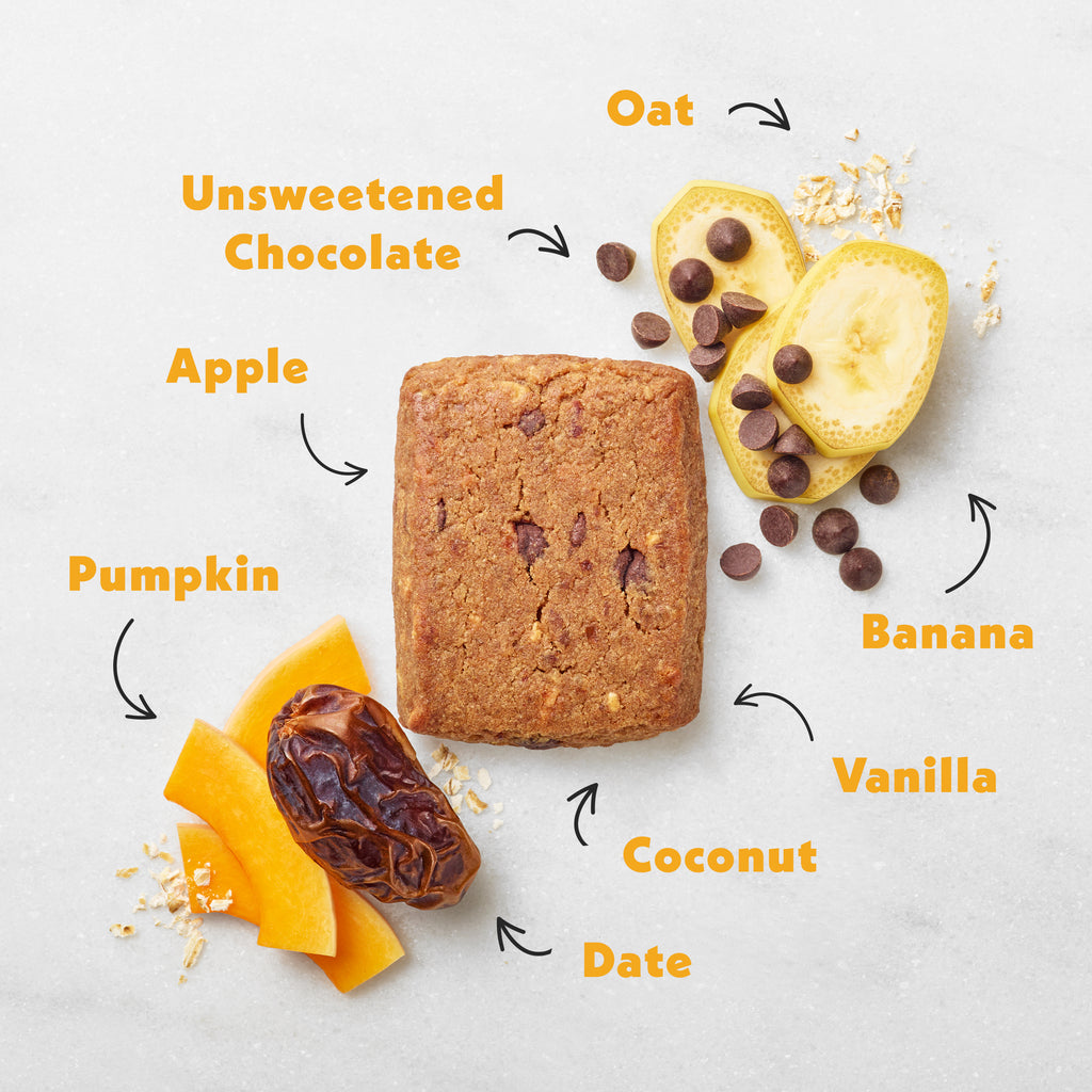 Banana Chocolate Chip Soft Baked Bar ingredients on a white background
