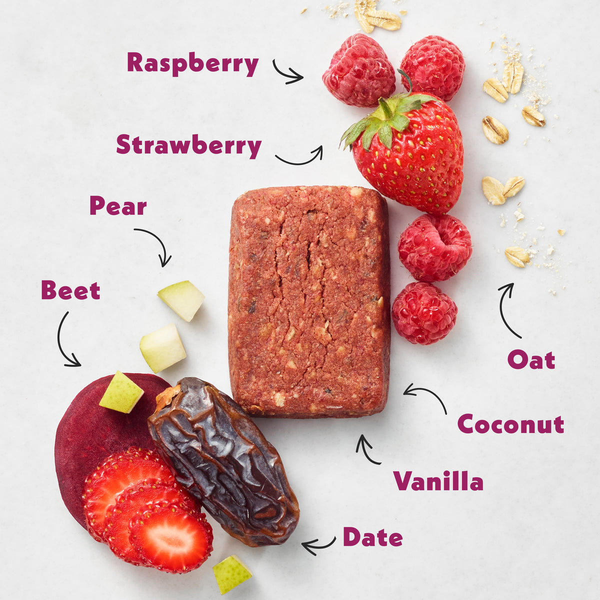 Mixed Berry Soft Baked Bar ingredients on a white background