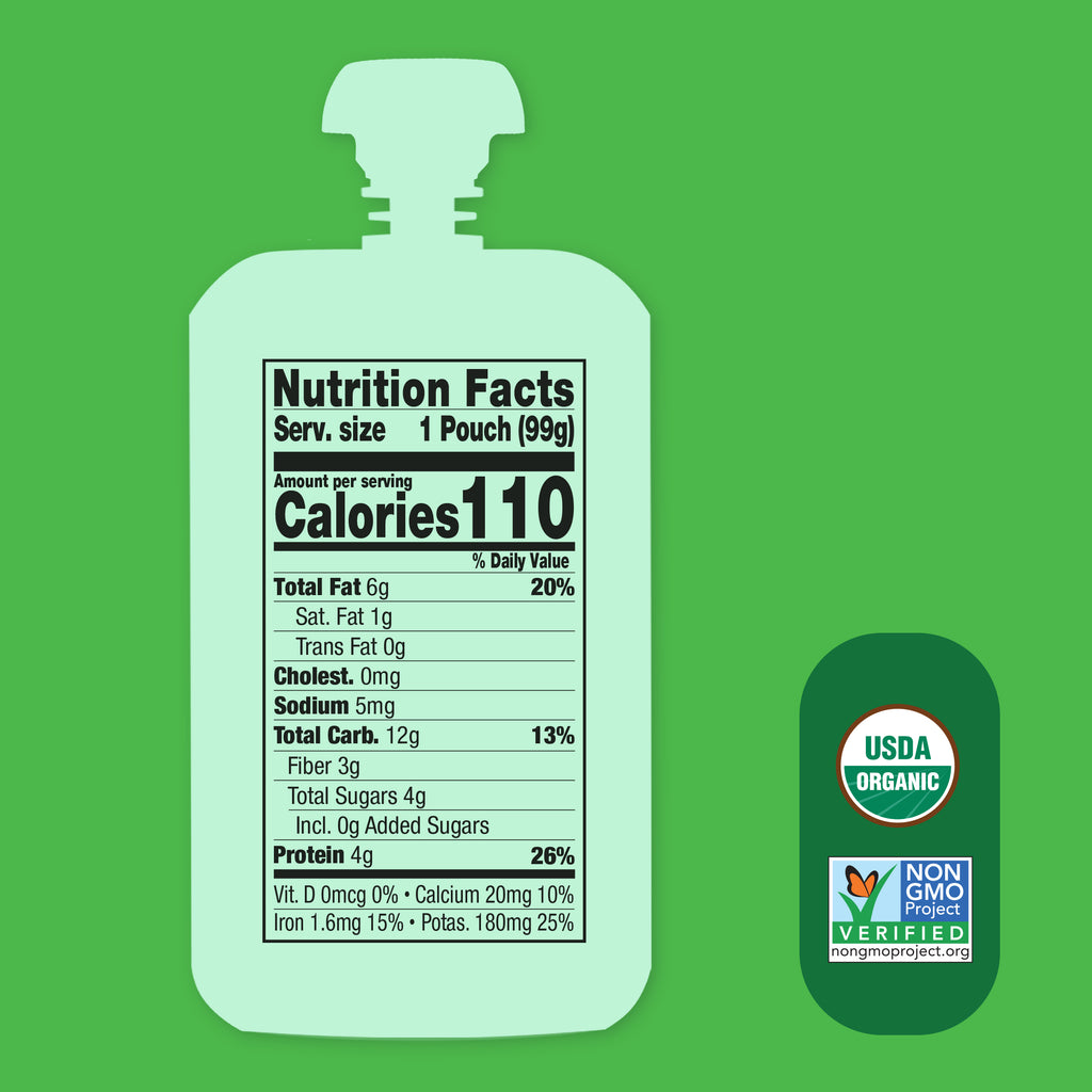 Nutrition facts label on a green background with USDA Organic and Non-GMO Project Verified logos. Chickpea, Apple, Pumpkin Seed & Carrot Plant Protein pouch.