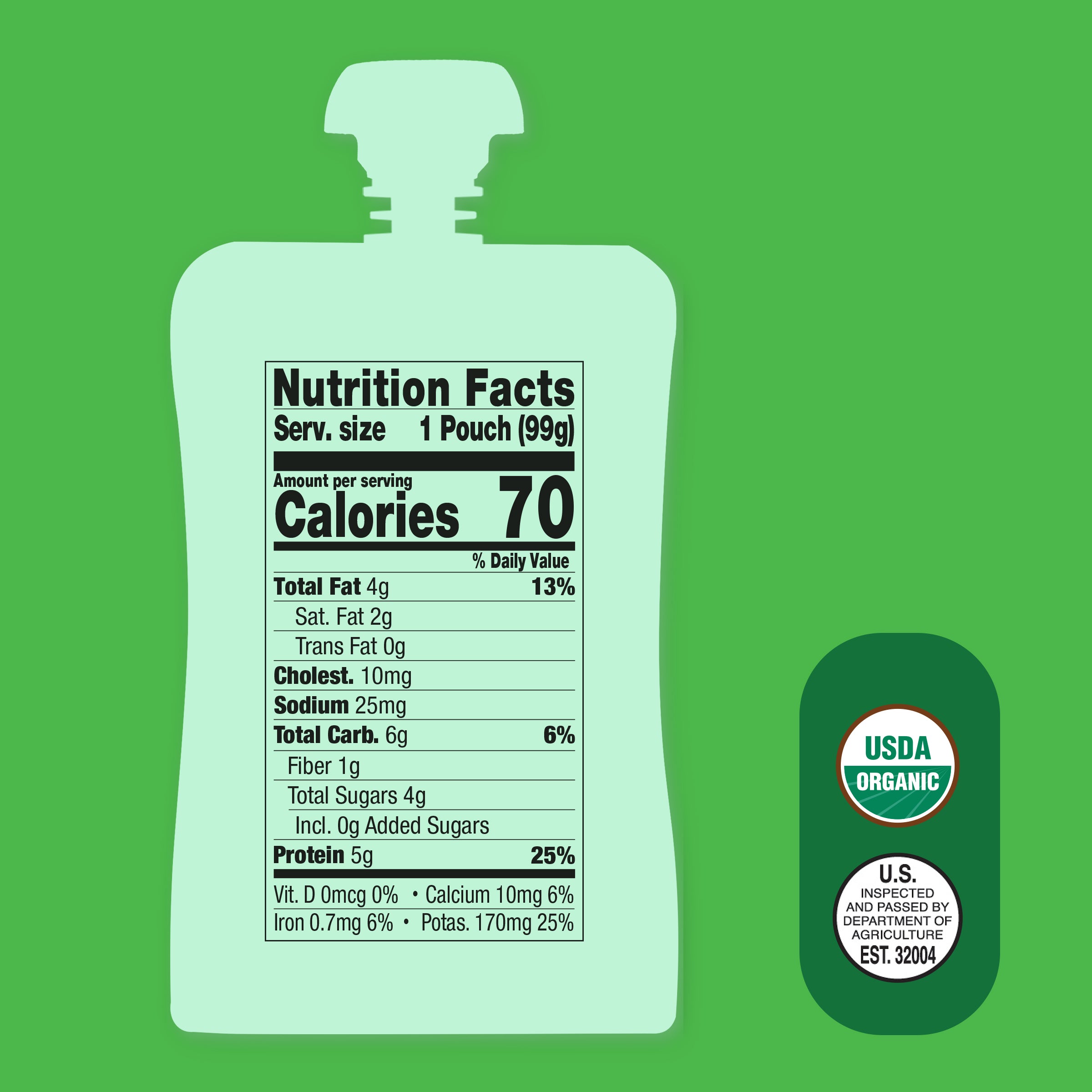Nutrition facts label  for a Apple, Beef Bone Broth, Tomato & Spinach pouch on a green background with USDA Organic logo