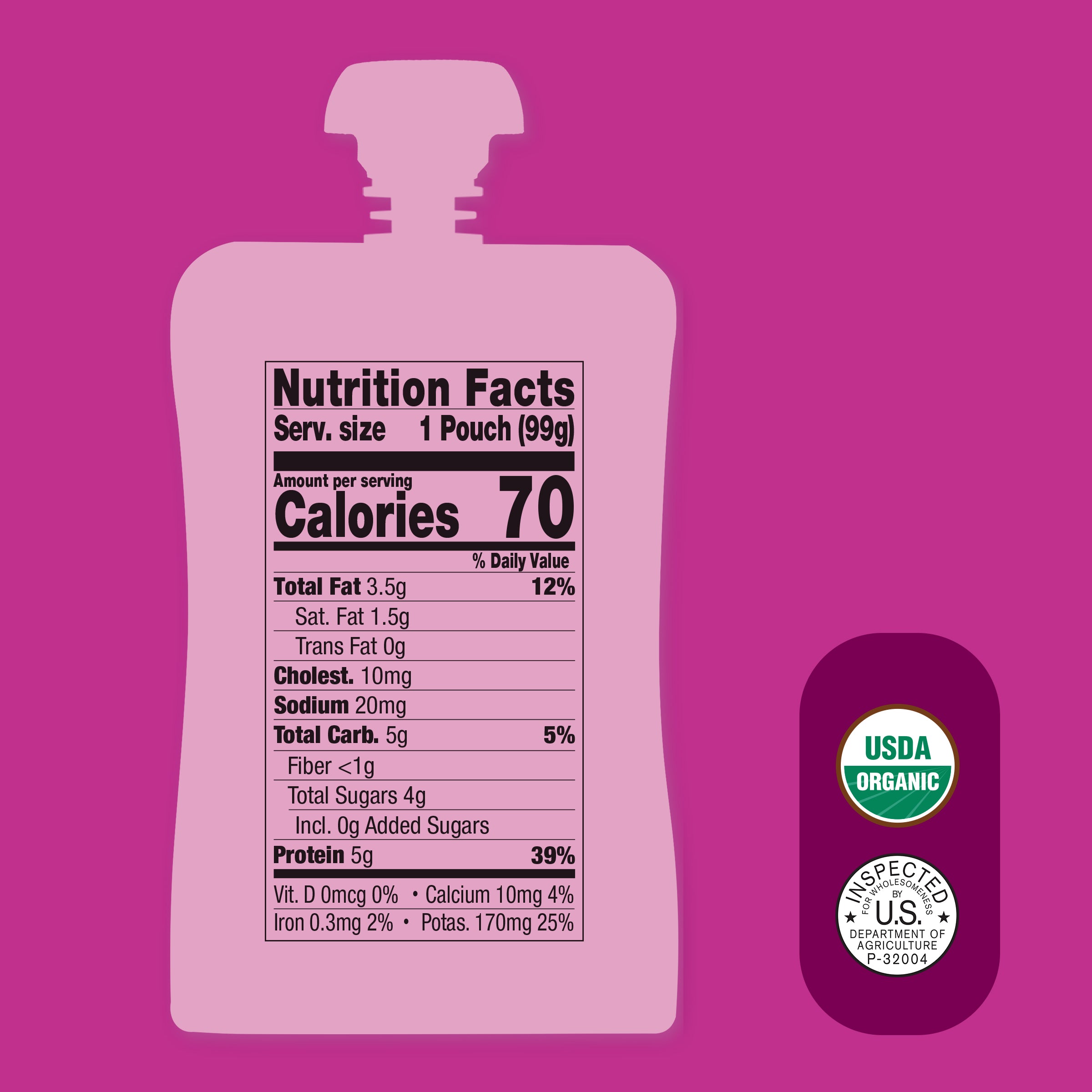 Silhouette of a Tomato, Apple, Chicken Bone Broth & Coconut Milk pouch with nutrition facts label on a purple background with USDA certified logos.