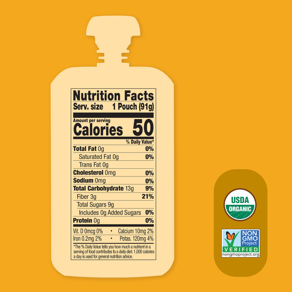 Nutrition facts label on a yellow background with USDA Organic and Non-GMO Project Verified logos. Pineapple Orange Guava Belly Blend. 
