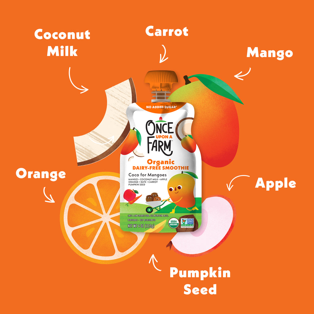 Once Upon a Farm smoothie packaging with ingredients on an orange background