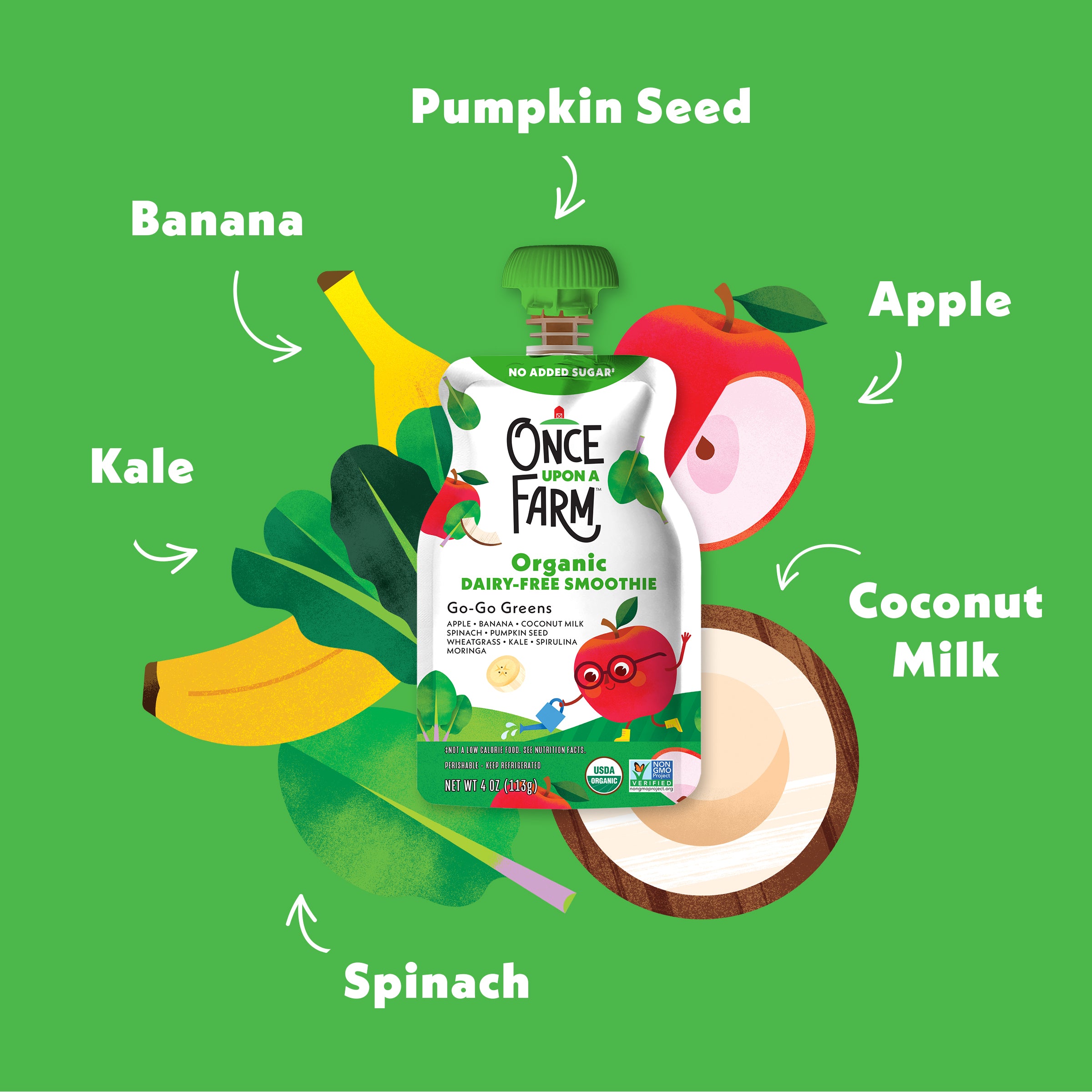 Once Upon a Farm organic dairy-free smoothie package with ingredients on a green background