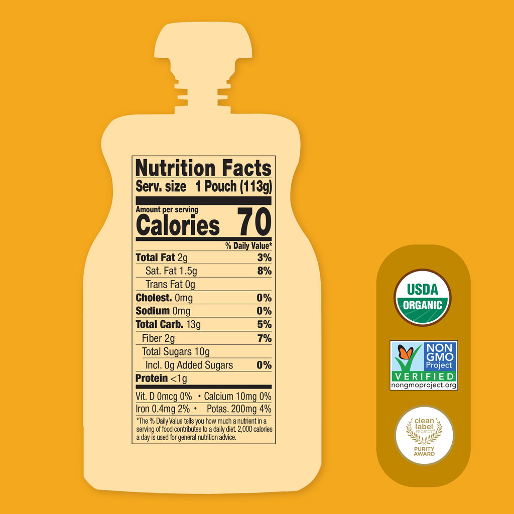 Nutrition facts label on a Peach Sunrise Dairy-Free Smoothie with organic and non-GMO project logos on an orange background