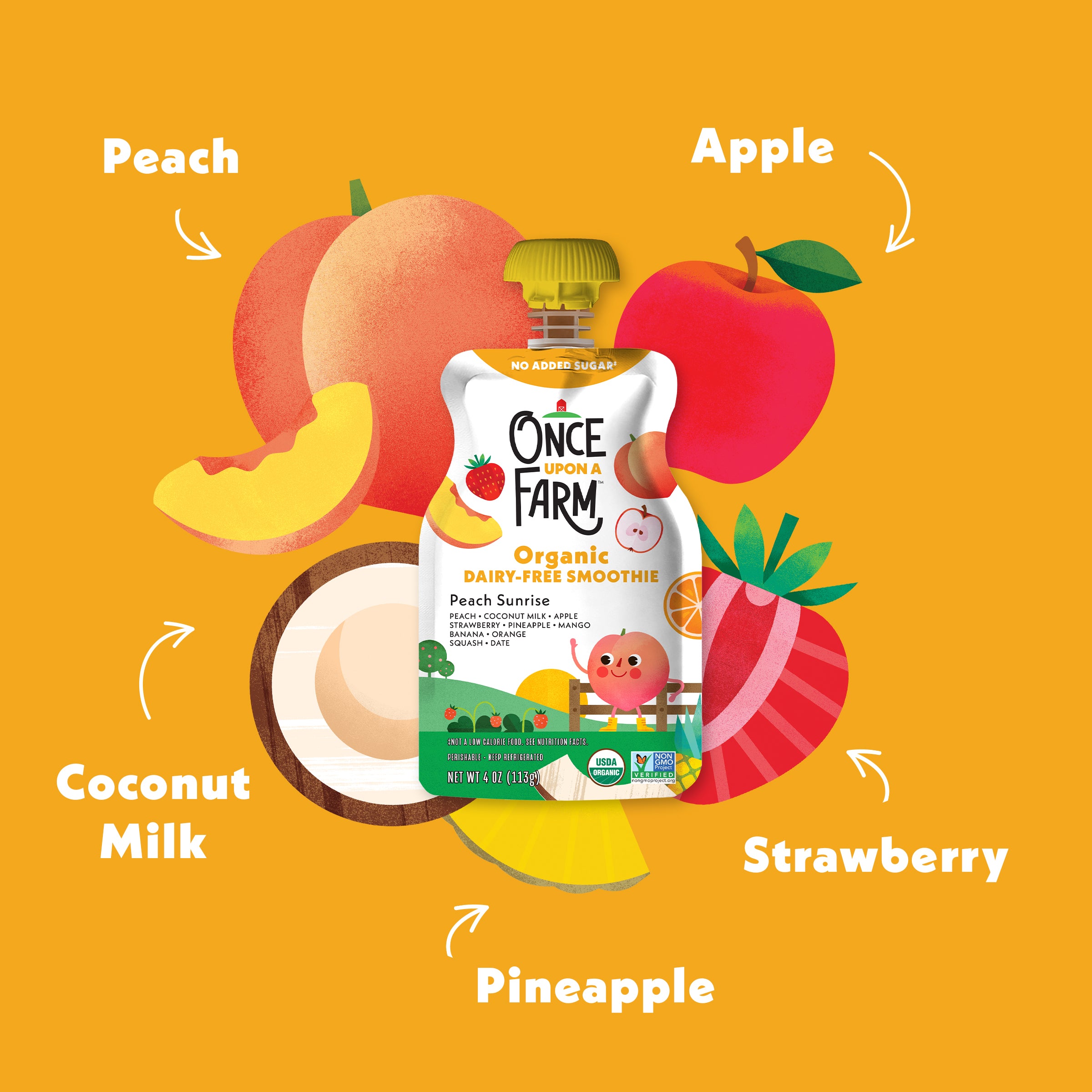 Once a Farm organic dairy-free smoothie packaging with fruits on an orange background