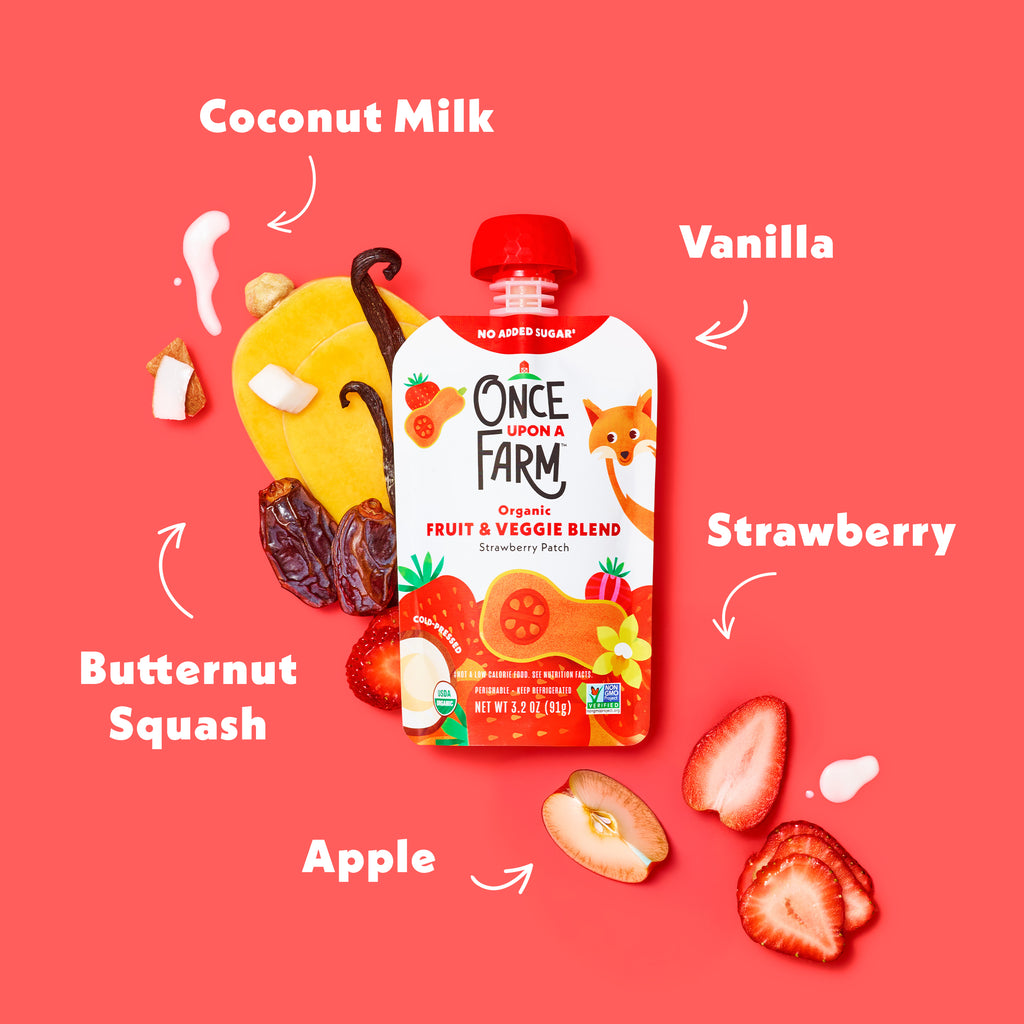 Strawberry Patch ingredients on a light red background