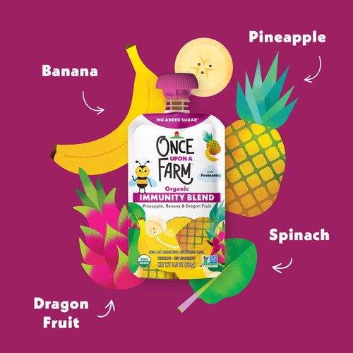 Once Upon a Farm Pineapple, Banana & Dragon Fruit Immunity Blend pouch with banana, pineapple, spinach, and dragon fruit graphics on a purple background.