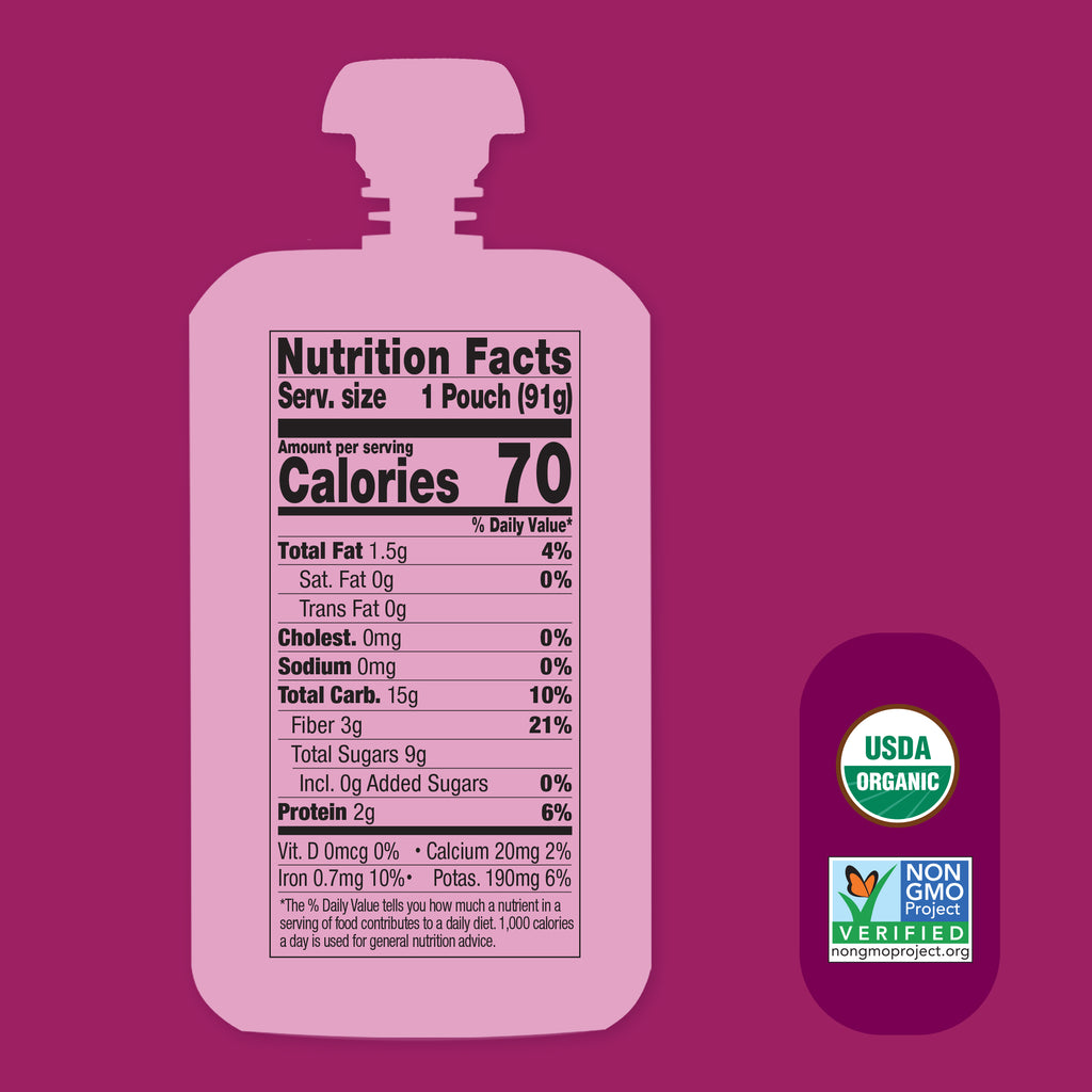 Nutrition facts label on a pink package with organic and non-GMO verified labels on a purple background. Bananas For Berries Oat Milk Smoothie.