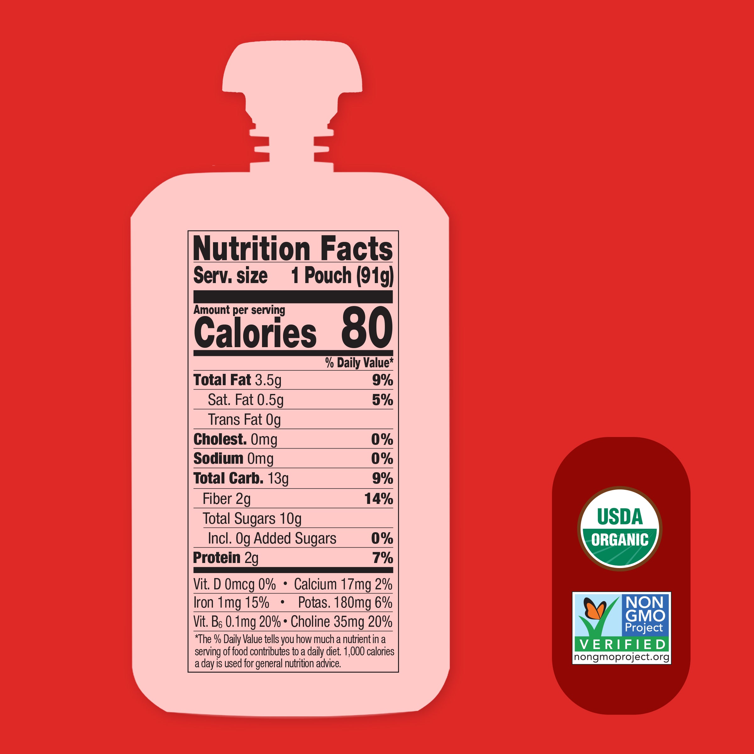 Nutrition facts label on a Pine-Apple Berry Punch Smart Blend pouch with organic and non-GMO verified labels on a red background