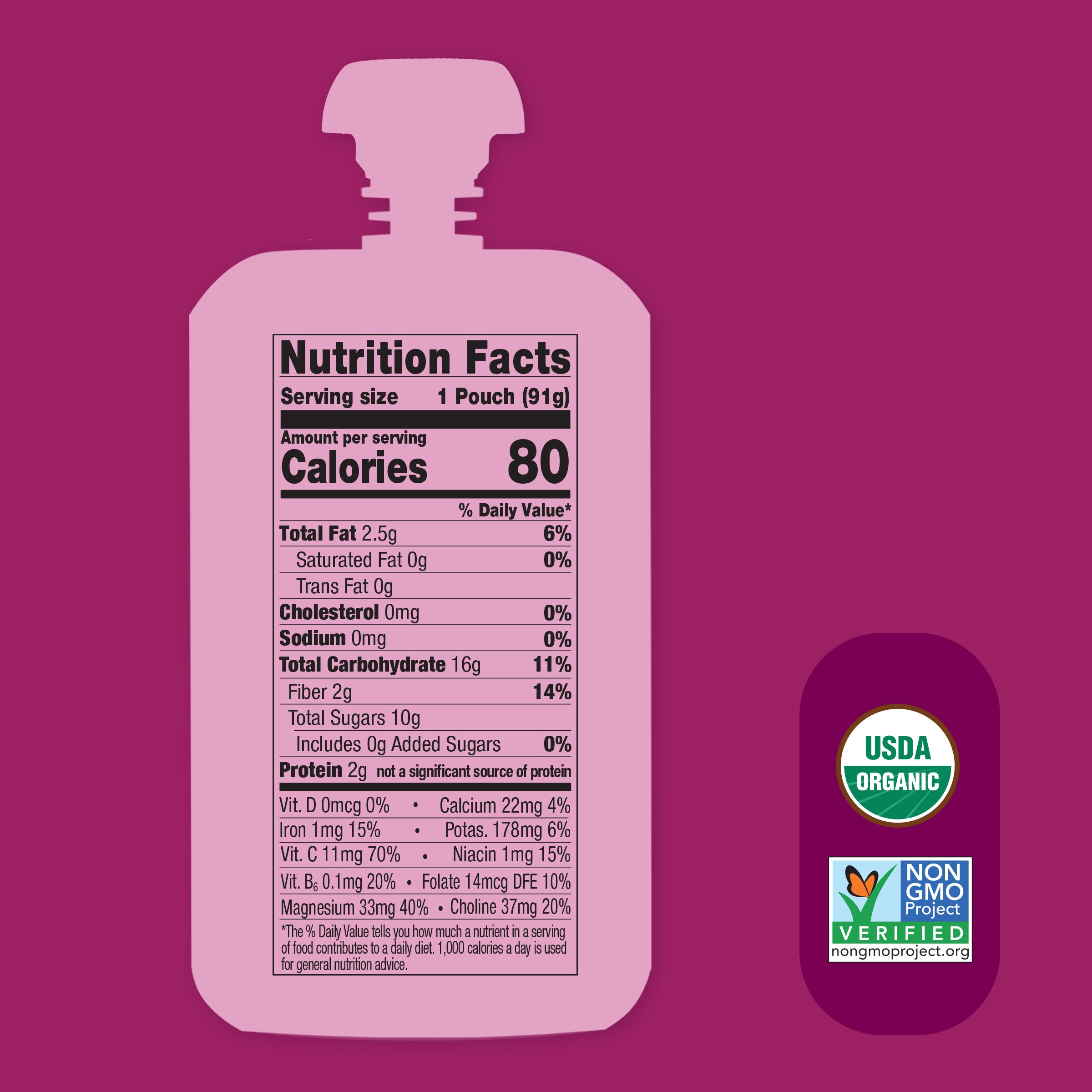 Nutrition facts label on a Ras-Pear-y Kale Smart Blend pouch with USDA Organic and Non-GMO Project Verified labels on a purple background