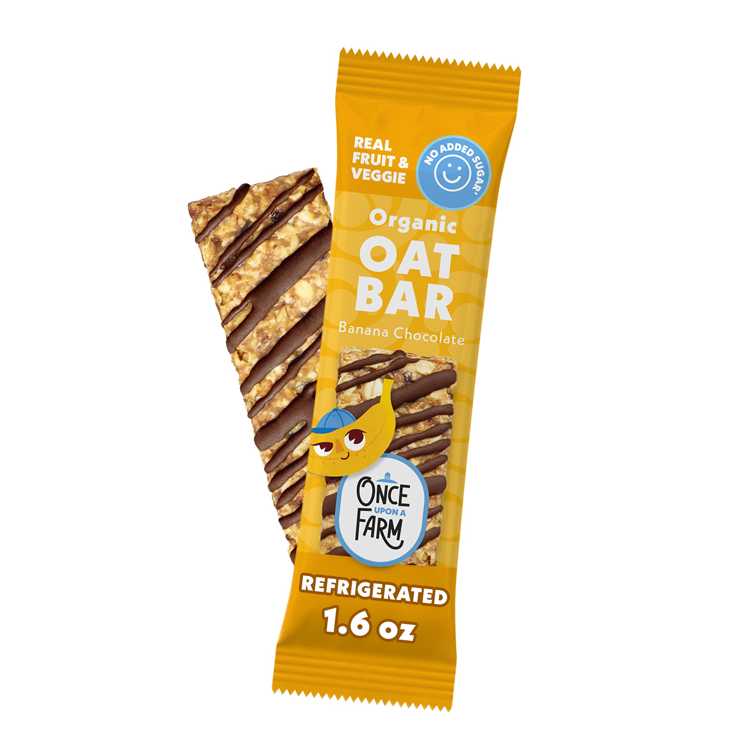 Banana Chocolate Refrigerated Oat Bar front of new packaging showing bar on a white background
