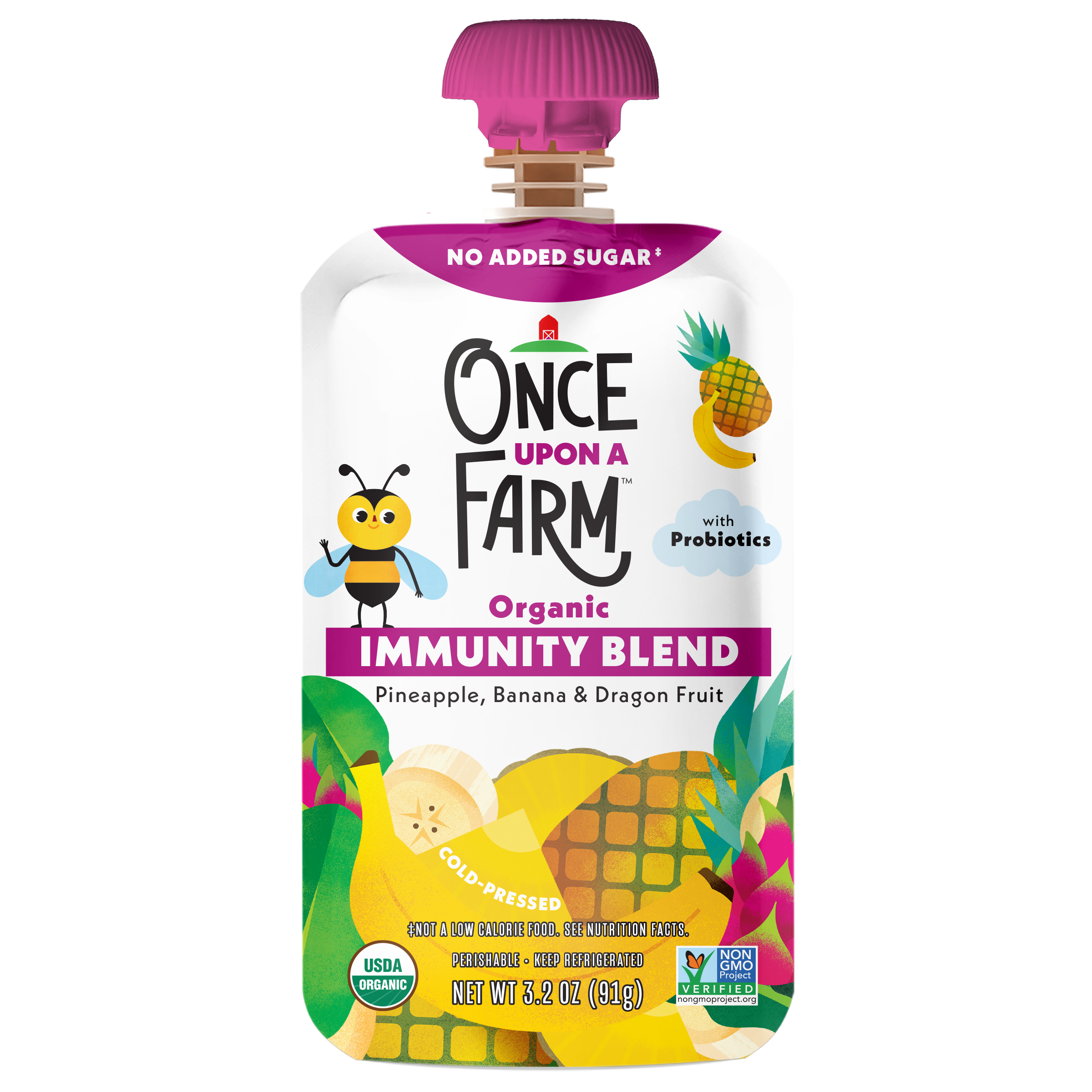 Once Upon a Farm Organic Pineapple, Banana & Dragon Fruit Immunity Blend Pouch, 3.2oz front
