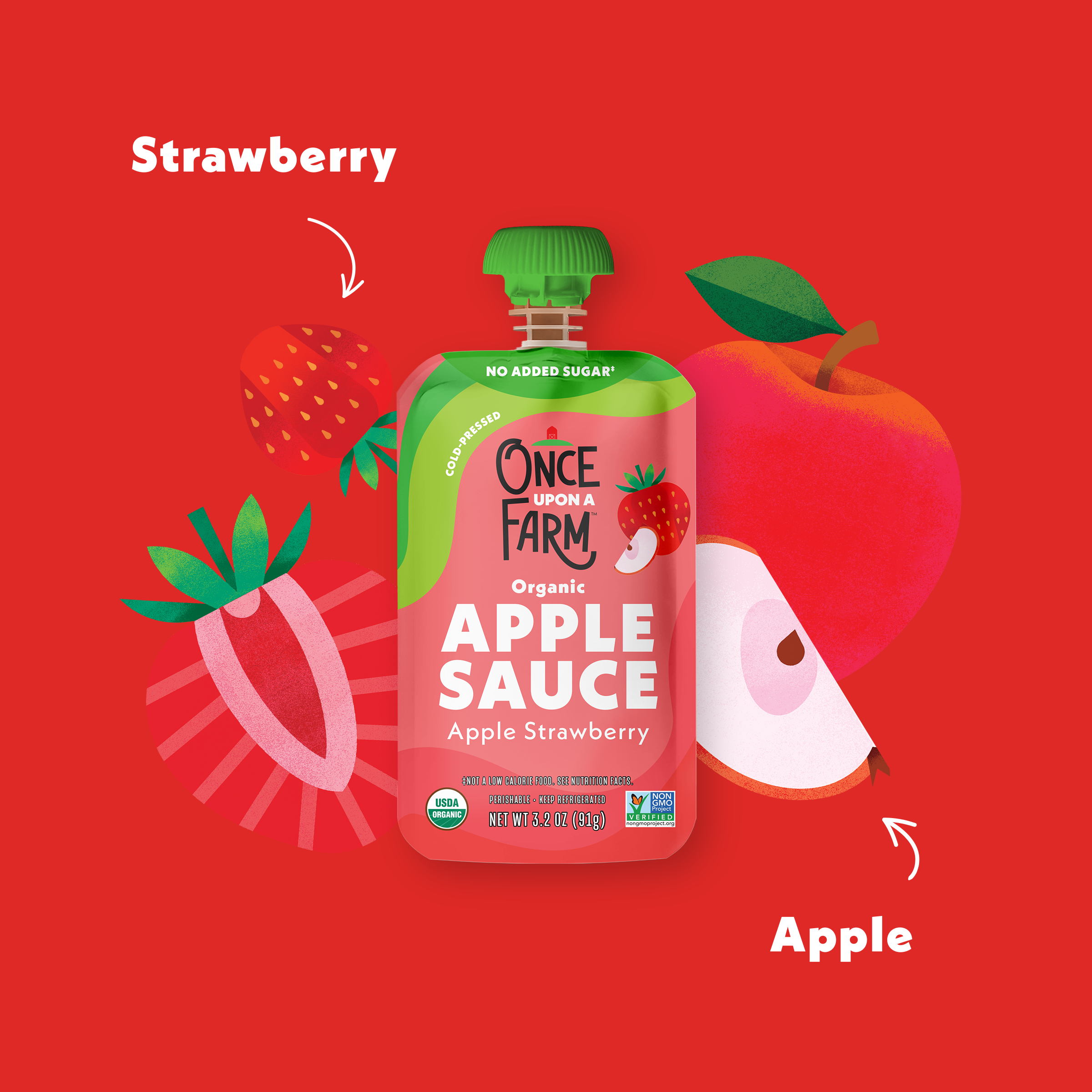Apple Strawberry Applesauce ingredients on a red background