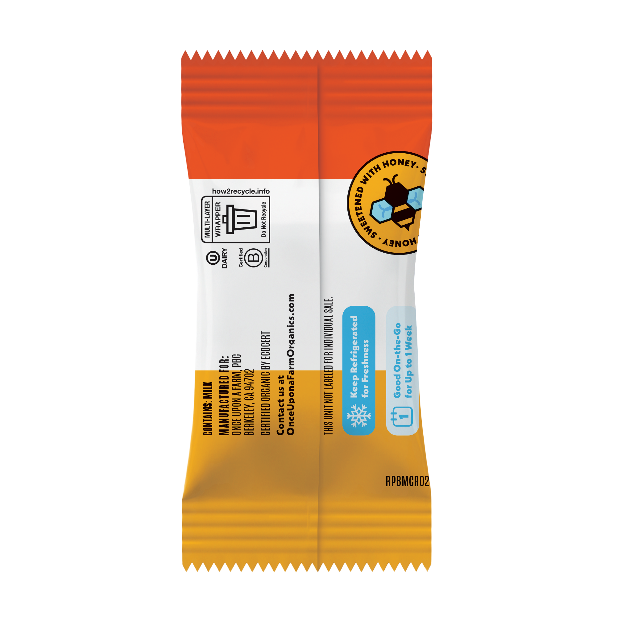 New Mini Cinnamon Roll Protein Bar with Orange and yellow package with recycling symbol on a white background