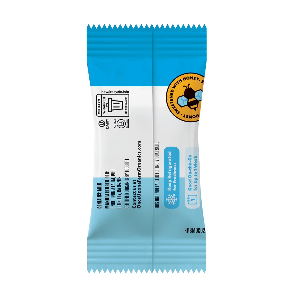 New Mini Oatmeal Chocolate Protein Bar with Blue and white snack package with a bee logo on a white background