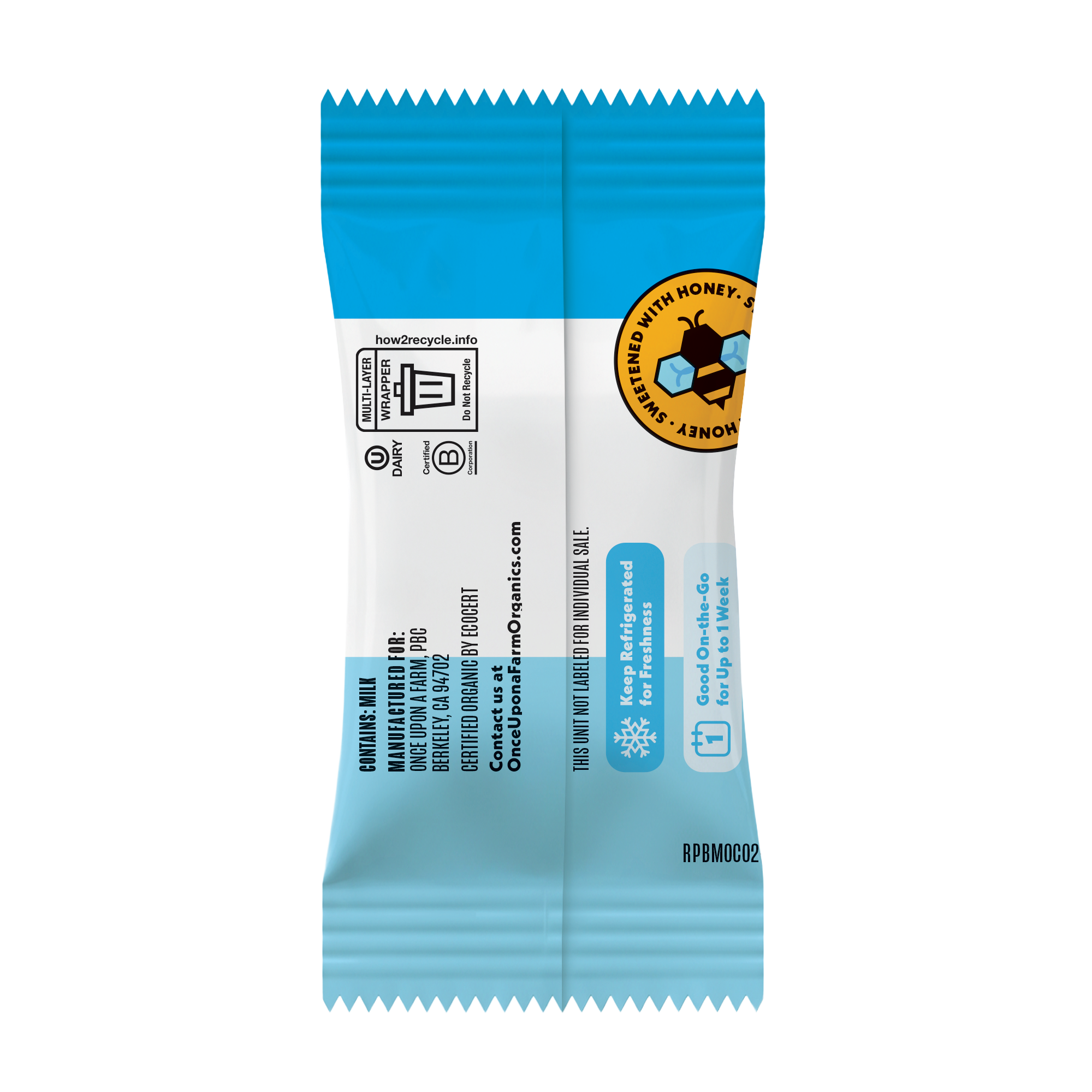 New Mini Oatmeal Chocolate Protein Bar with Blue and white snack package with a bee logo on a white background