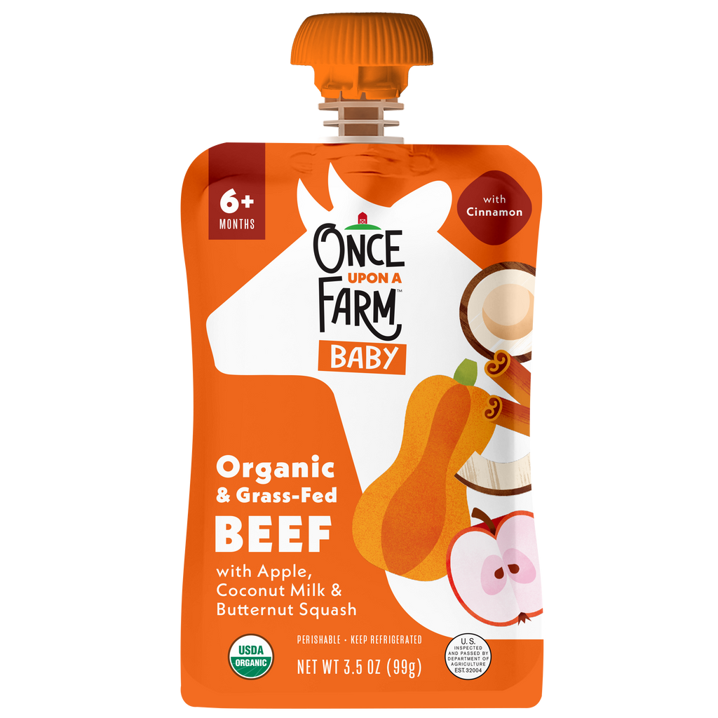 Once Upon a Farm Apple, Coconut Milk, Beef, Butternut Squash Organic Baby Food Pouch, 3.5oz. Front of Pouch. 