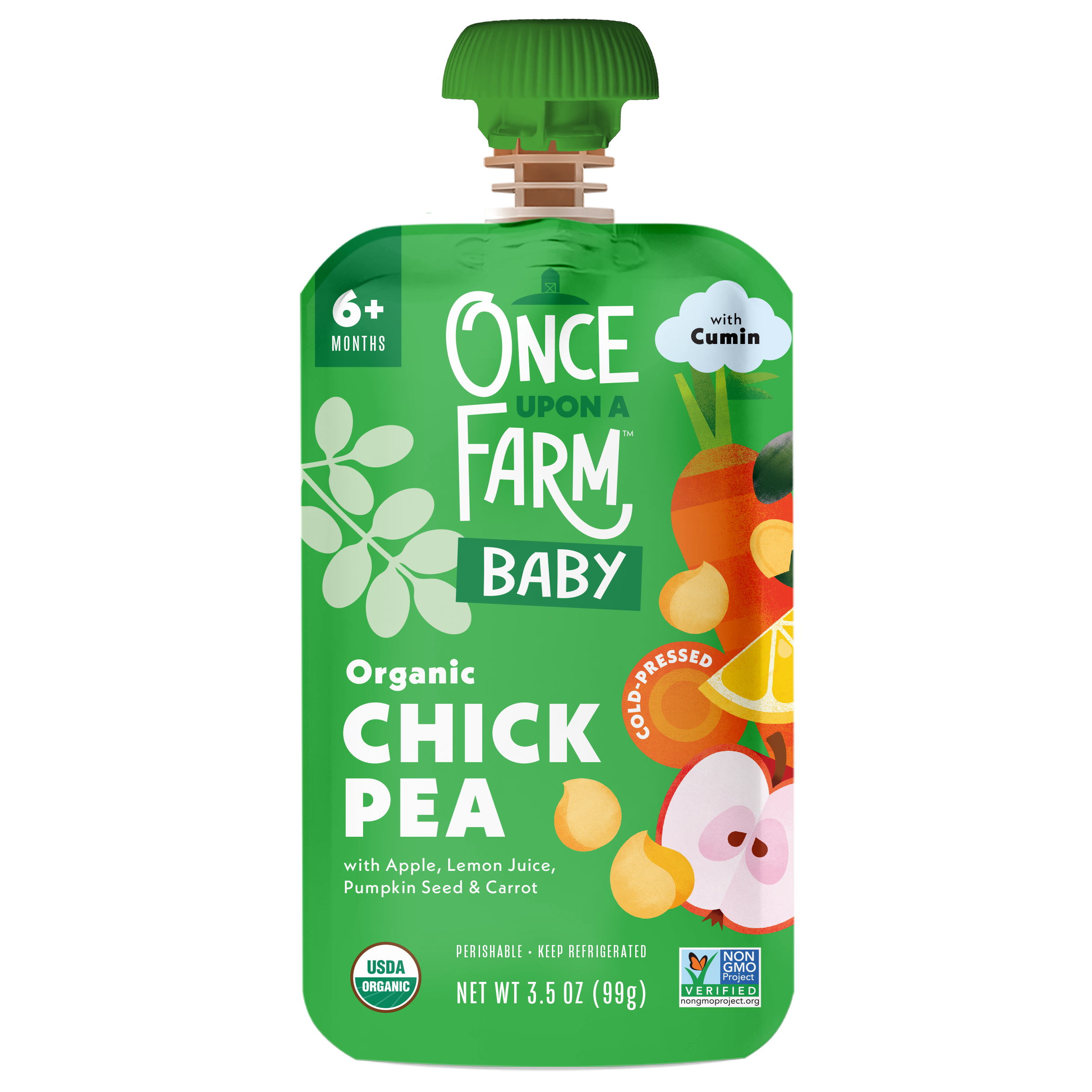 Once Upon A Farm Chickpea, Apple, Pumpkin Seed & Cauliflower Plant Protein front of pouch.