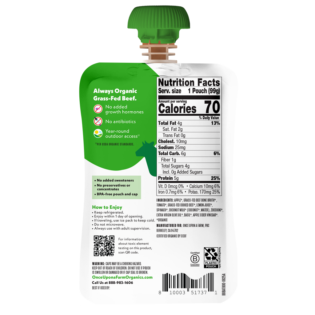 Once Upon a Farm Apple, Beef Bone Broth, Tomato, Spinach Organic Baby Food Pouch, 3.5oz. Back of pouch. 