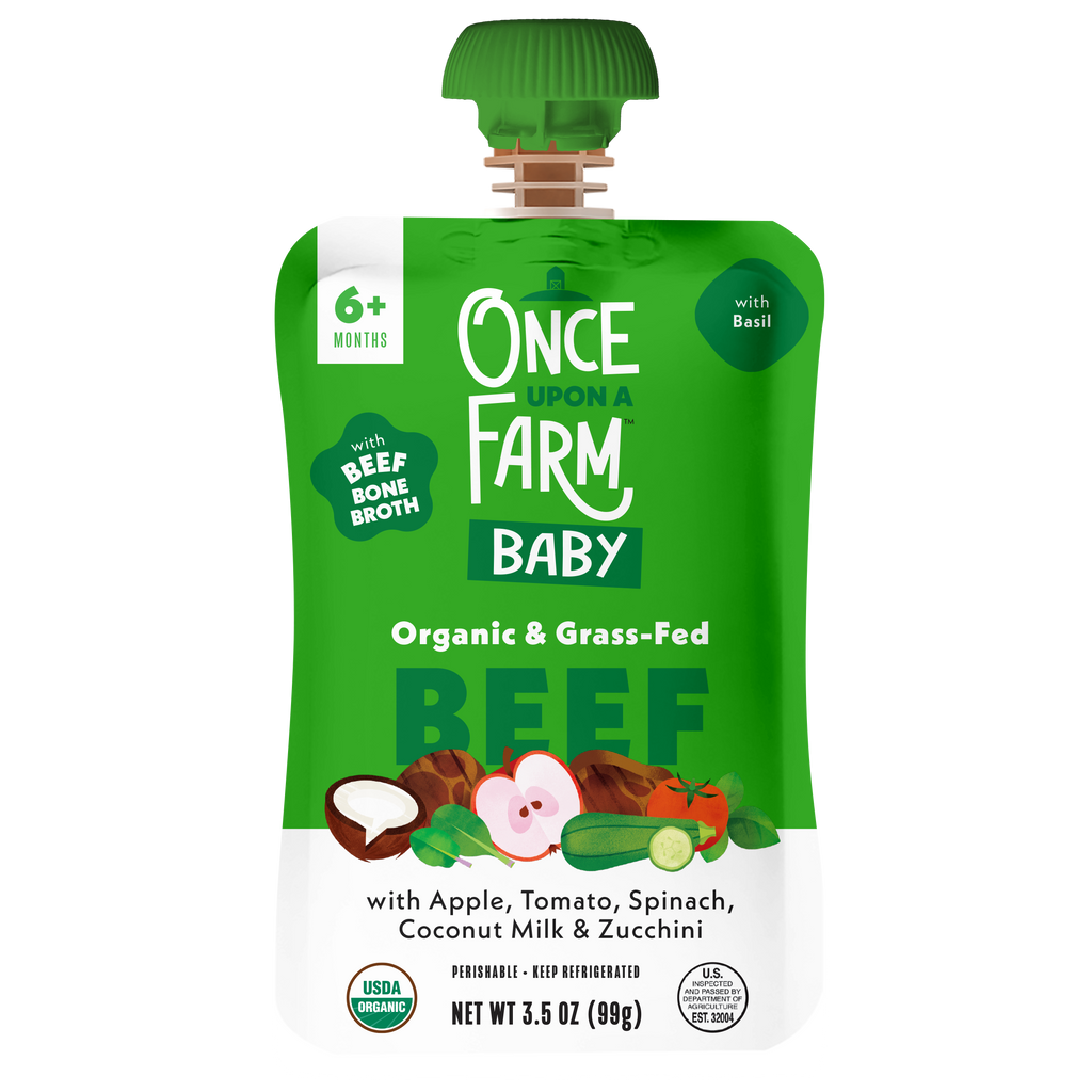 Once Upon a Farm Apple, Beef Bone Broth, Tomato, Spinach Organic Baby Food Pouch, 3.5oz. Front of pouch. 