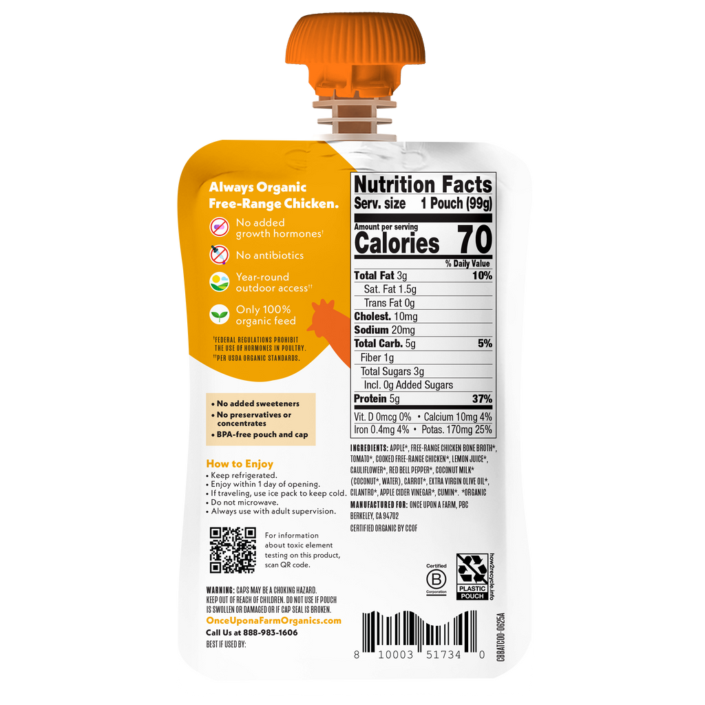 Once Upon a Farm Apple, Chicken Bone Broth, Tomato, Cauliflower Organic Baby Food Pouch, 3.5oz. Back of pouch.