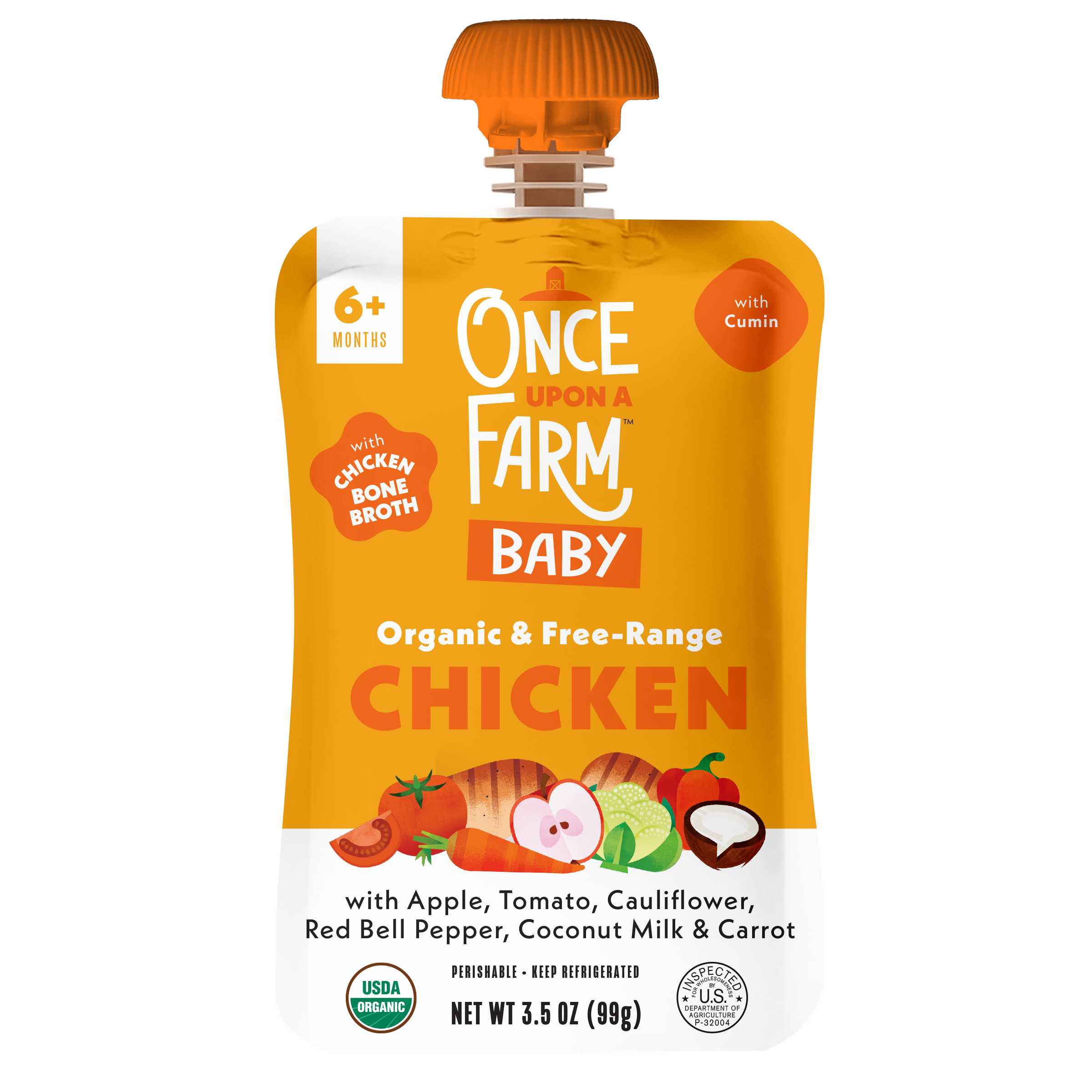 Once Upon a Farm Apple, Chicken Bone Broth, Tomato, Cauliflower Organic Baby Food Pouch, 3.5oz. Front of pouch.