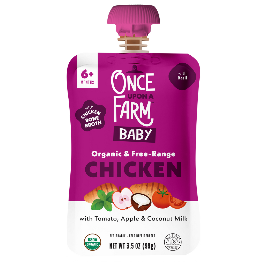 Once Upon A Farm Tomato, Apple, Chicken Bone Broth & Coconut Milk front of pouch